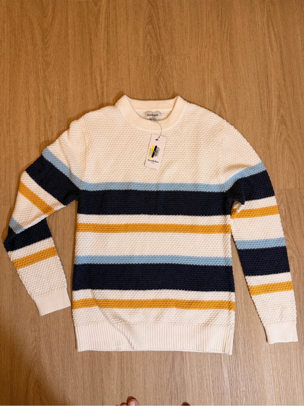Goodfellow & Co Cream Crewneck Sweater with Navy, Light Blue & Mustard Stripes